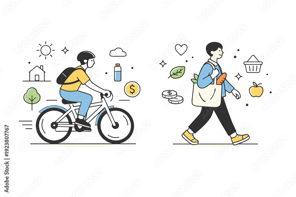 Fototapeta premium Budget-friendly lifestyles. Person commuting by bike or walking with reusable bag, calm urban background. Sustainable habits and everyday