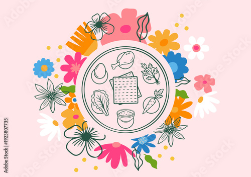 Jewish holiday Passover, Pesach. Floral greeting card, banner with traditional icons. Springtime concept design. Happy Passover