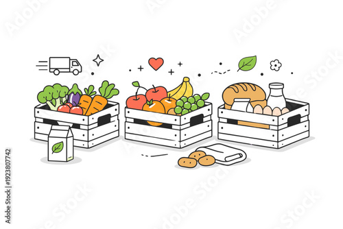 Local farm box delivery. Reusable crates filled with seasonal produce arranged neatly for delivery. Freshness and sustainability with a calm