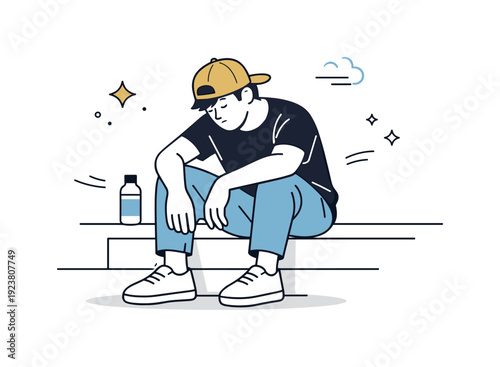 Young man in a yellow cap sits with head down, looking tired and dejected