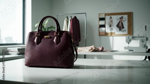 Elegant Burgundy Handbag Showcase in Bright Studio Setting.