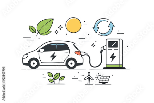 Sustainable mobility charging set. Electric car, charging station, and abstract eco symbols like leaves or circles combined in one calm