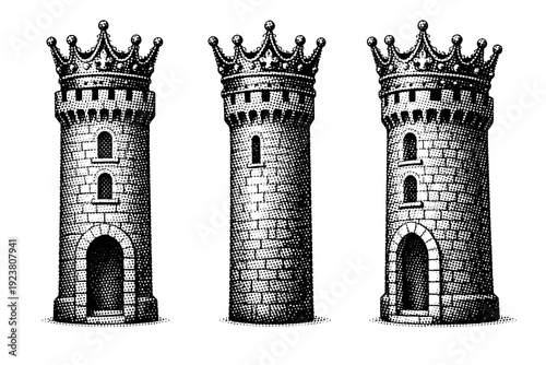 Tarot card design featuring a tower icon with vertical structure and crown detail shown from front view, side view, and three-quarter view as