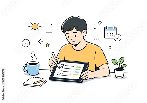 Young man using a tablet to check off tasks on a to-do list with a coffee and plant nearby