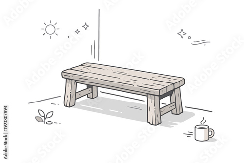 Weathered Wood Serenity. Weathered wood surfaces. Scene with a weathered wood bench or table placed in a sunlit corner, soft shadows and timeworn edges.