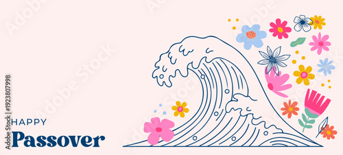 Jewish holiday Passover, Pesach. Floral greeting card, banner with traditional icons. Springtime concept design. Happy Passover