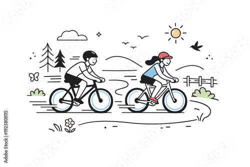 Outdoor adventure illustrations. Cycling through nature on a forest or countryside path, shown with smooth motion lines and simple scenery. Light, active mood