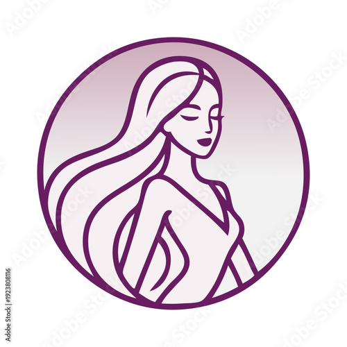 Logotipo de salón de belleza. Dibujo con líneas de mujer de perfil con peinado con ondas en interior de un círculo con relleno degradado 