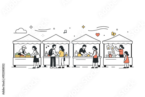 Outdoor spring fair. A row of simple booths under light canopies, vendors calmly arranging products while visitors stop to look. The mood is open and
