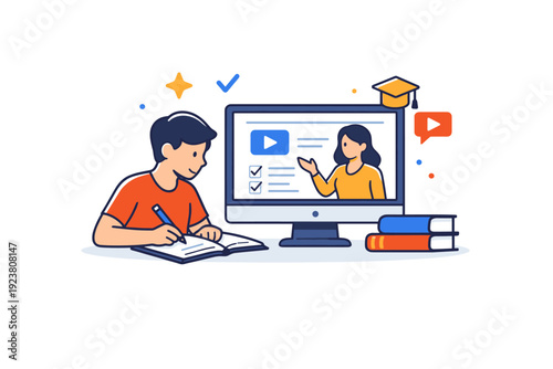 Online education a focused study moment with a person taking notes beside a screen, conveying motivation, clarity, and modern academic routine. Minimalist flat