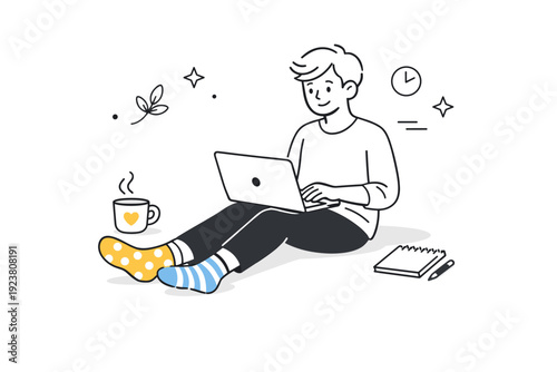 Everyday imperfections aesthetics. Person wearing mismatched socks while working calmly on a laptop, relaxed posture and quiet smile. Warm acceptance of