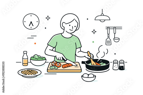Cooking dinner. A person preparing a simple meal at a kitchen counter, chopping vegetables and stirring a pan. Calm evening routine, home comfort, relaxed