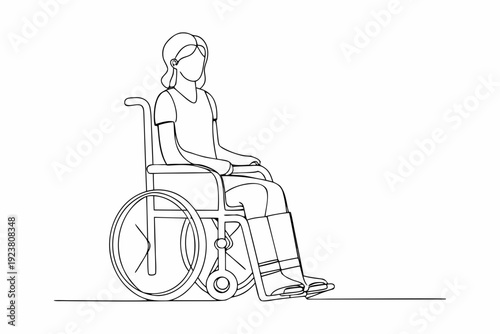 Line drawing of a woman seated in a wheelchair with a leg cast