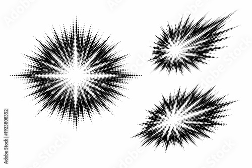 Halftone dotted radiating glow background, a single radiating glow object shown in centered front view, offset angled view, and three-quarter perspective view