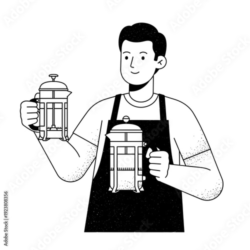 Barista holding french press coffee makers, illustration
