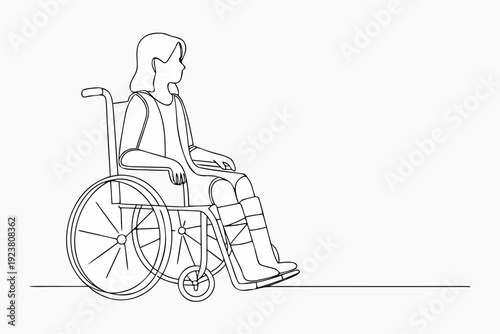 Line drawing of a woman seated in a wheelchair with leg brace