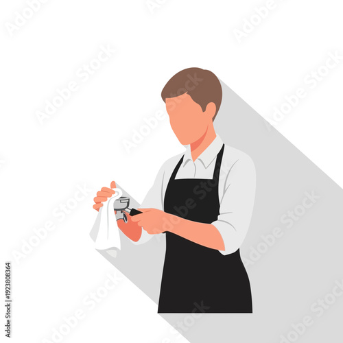 Barista cleaning espresso machine portafilter with cloth