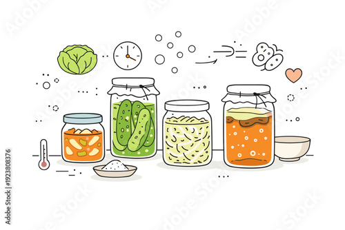 Home fermentation overview. Calm editorial scene showing jars with fermenting food on a kitchen counter. Slow natural process, care and patience, gentle
