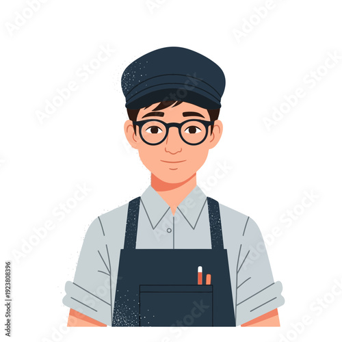 Young man wearing glasses, cap, and apron, smiling, isolated on white