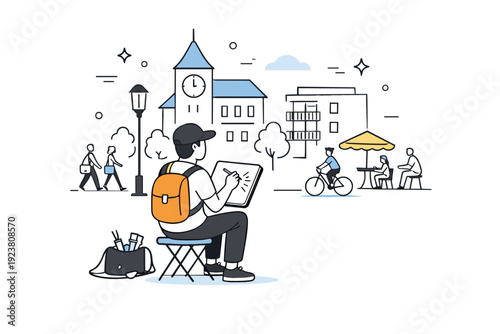 Outdoor painting and sketching ? Urban sketching scene. Artist drawing city buildings while standing or sitting on a stool, light city background, calm
