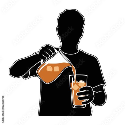 Silhouette pouring iced tea from pitcher into glass with ice cubes