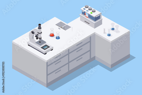 Isometric illustration of a modern scientific laboratory workspace setup