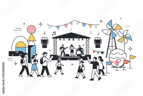 Open-air festival atmosphere. An abstract editorial scene combining a stage, art installations, flags, and people moving through the space. The feeling is