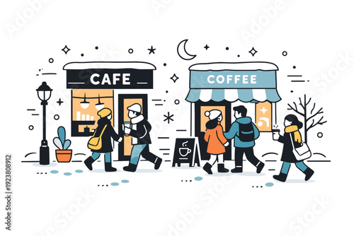 Winter cafe hopping rituals. Evening cafe exterior with people entering and leaving, glowing signage and warm interiors contrasting snowy