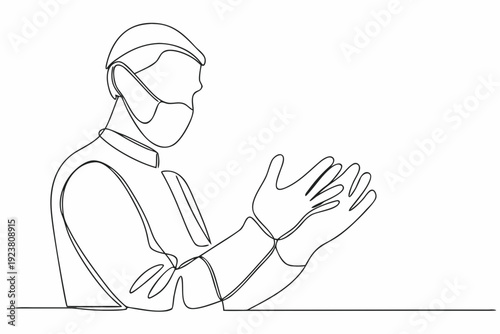 Line drawing of a man wearing a mask and gesturing with his hands