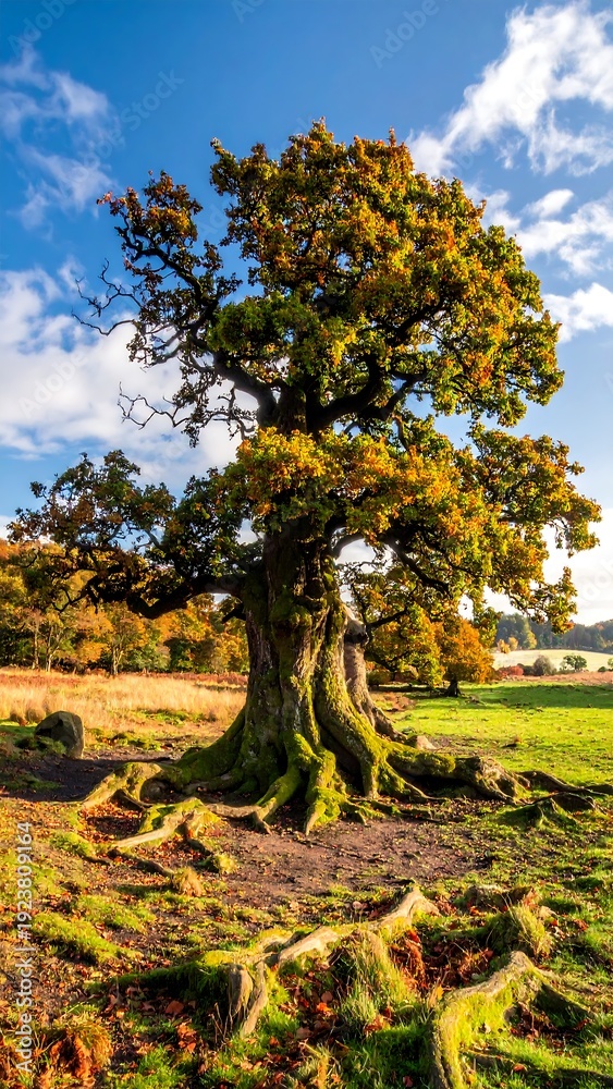 Fototapeta premium A large tree with exposed roots in a field