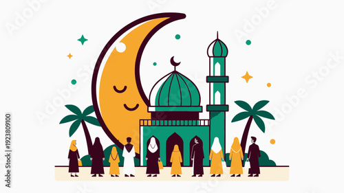 Ramadan celebration scene with mosque crescent moon and people in traditional attire at night