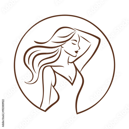 Logotipo de salón de belleza. Dibujo con líneas de mujer de perfil con peinado con ondas y brazo levantado en interior de un círculo abierto 