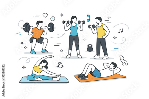 People doing fitness training in a gym. A group of individuals lifting weights and stretching on mats, subtle floating line icons and abstract shapes