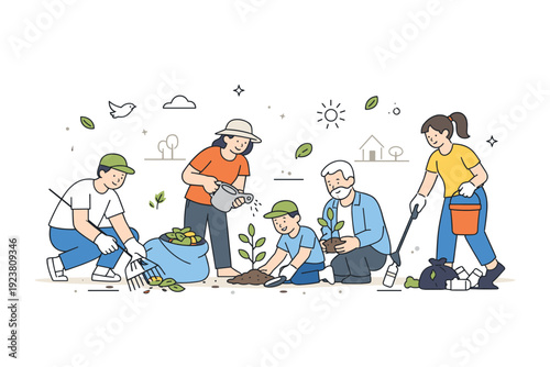 Community volunteering scene. Simple characters cleaning a park and planting small trees together, expressing care and shared responsibility.