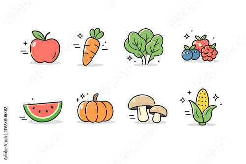Seasonal produce minimal icons. A clean editorial set of simple fruit and vegetable icons like apple, carrot, leafy greens, and berries, representing freshness