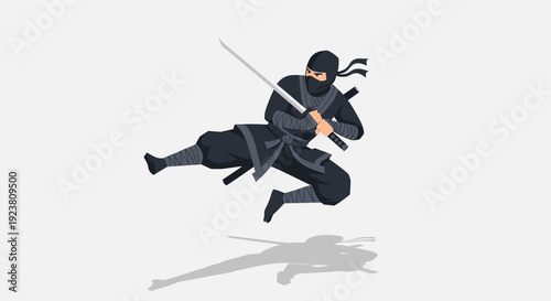 Vector image of a ninja leaping with a sword, showcasing action and agility. Ideal for gaming, martial arts, and concept illustration.