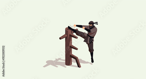 Vector illustration of a ninja practicing martial arts on a wooden dummy.  Ideal for educational material, website graphics, and illustrations.