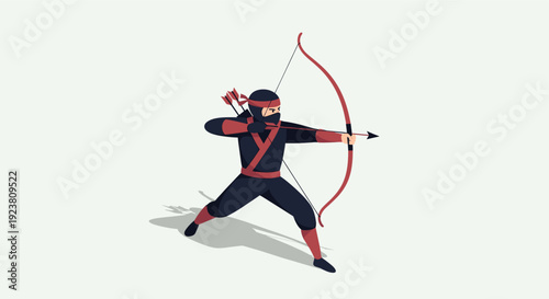 A cartoon ninja archer with a red bow is aiming an arrow, rendered on a clean white background. Useful for designs.