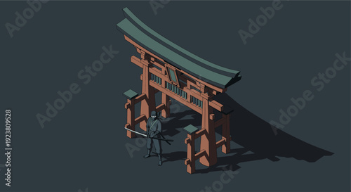 Minimalist isometric illustration featuring a ninja holding a katana under a traditional Japanese torii gate. Suitable for gaming, adventure, or martial arts themes.