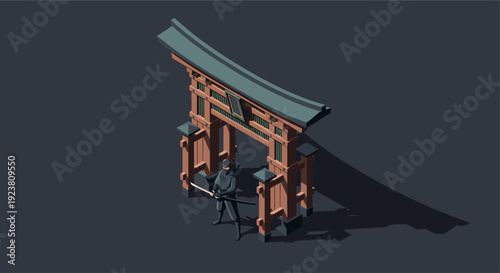 Isometric low-poly illustration of a ninja standing guard near a torii gate. Ideal for Japanese themes, gaming, history, culture, or design projects.