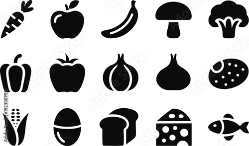 Healthy Food and Essential Grocery Icon Set, Food Category Silhouette Collection, Comprehensive Food Category Silhouette Collection, vector, illustration, silhouette.