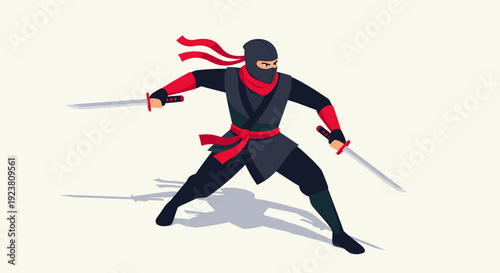 Isometric illustration of a ninja warrior in black and red, wielding two swords. Use for gaming, martial arts, animation, and concept art.