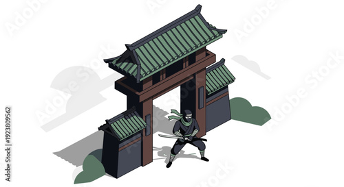 Cartoon ninja standing ready with sword at a traditional Japanese gate. Useful for martial arts, gaming, and adventure concepts. Flat design. Isolated on white.