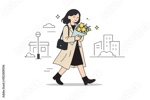 Women with flowers in coats walking through the city. A woman carries flowers against her coat while moving along a simple urban street. Everyday routine mixed