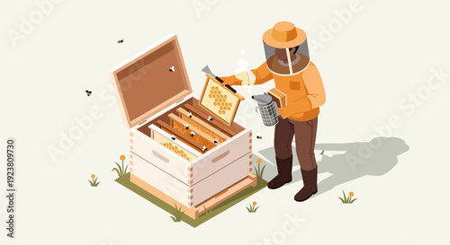 Isometric illustration of a beekeeper in protective gear inspecting a honeycomb frame with a beehive. Ideal for illustrating apiculture, honey production, and sustainable agriculture.