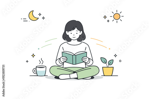 Dim light fluctuation. A character reads or sits still while ambient lighting subtly shifts, creating a layered atmosphere of calm and awareness. The