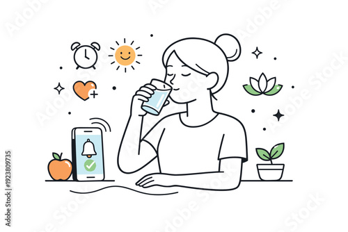 Healthy hydration reminder. A person calmly taking a sip of water after a reminder, mindful self-care and balance during the day. Minimalist flat vector