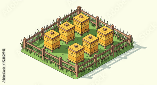 Isometric illustration of cartoon beehives fenced in a field. Perfect for beekeeping, farming, and nature themed designs. Can be used for websites, graphics, and educational materials.