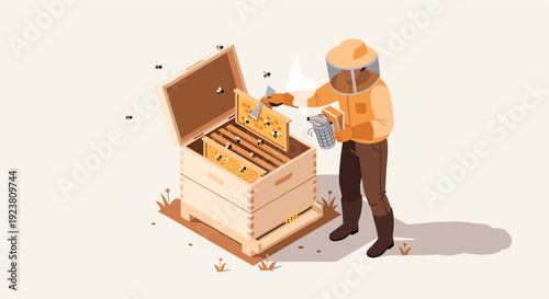 Vector illustration of a beekeeper in protective gear inspecting a beehive. Ideal for illustrating topics related to beekeeping, honey production, agriculture, and environmental sustainability.