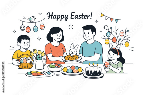Easter celebration at home. A cheerful family scene with a decorated table, flowers, and smiling characters sharing food. Calm geometric layout supports a warm